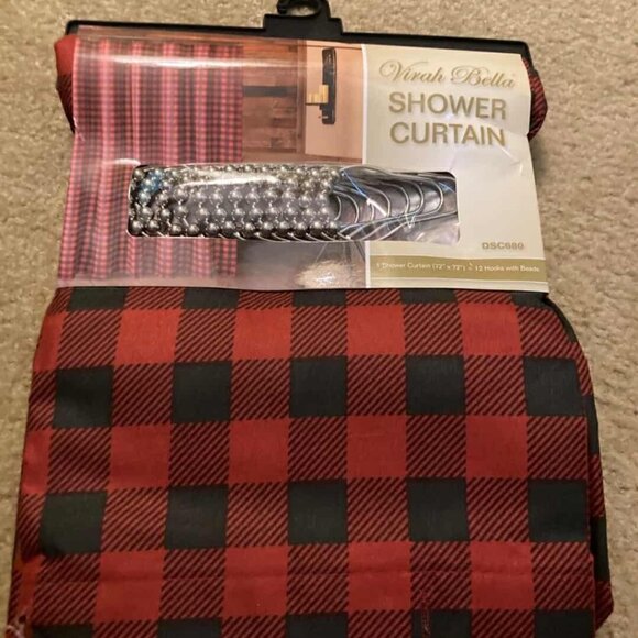 BUFFALO PLAID PRIMITIVE RED 72" SHOWER CURTAIN HOOKS BLACK CHECK 13 PC SET - Picture 3 of 5